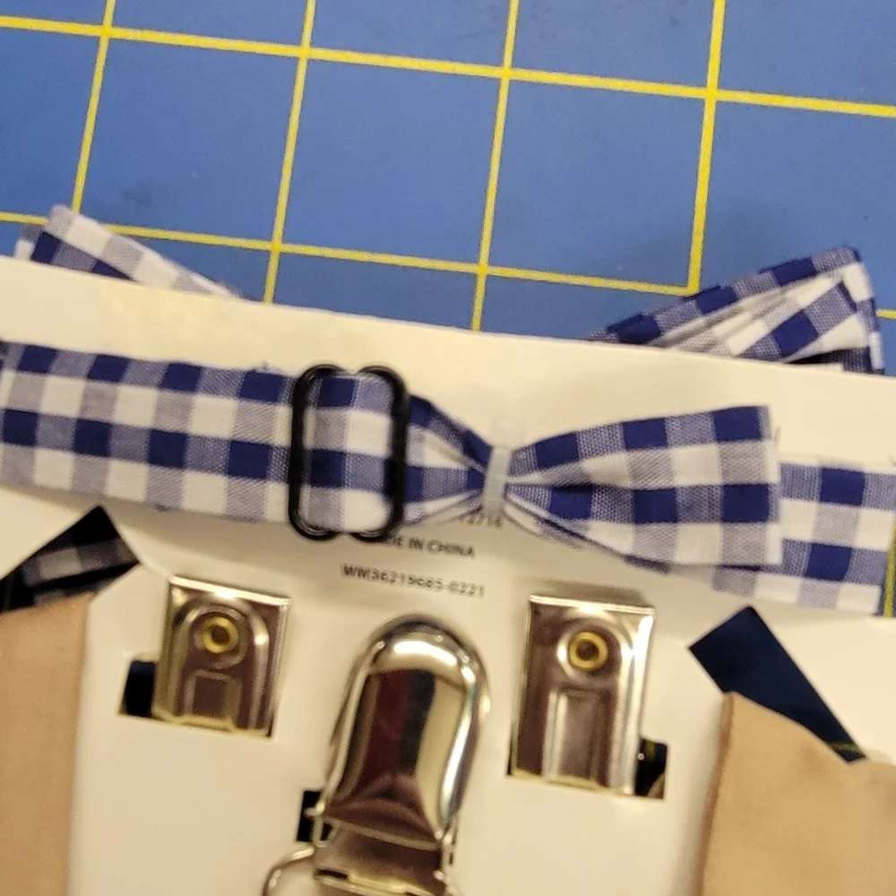 2 Piece Set of a Boys Suspender Tan & a Bowtie in Blue/White